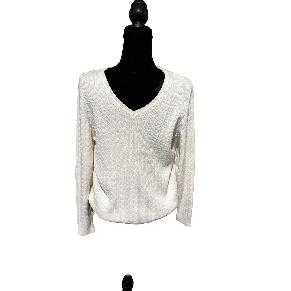 Women's Ivory light cable knit Tennis Sweater Sz M Preppy old‎ money y2k career
